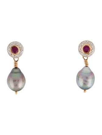 Earrings 14K Pearl, Diamond & Ruby Drop Earrings