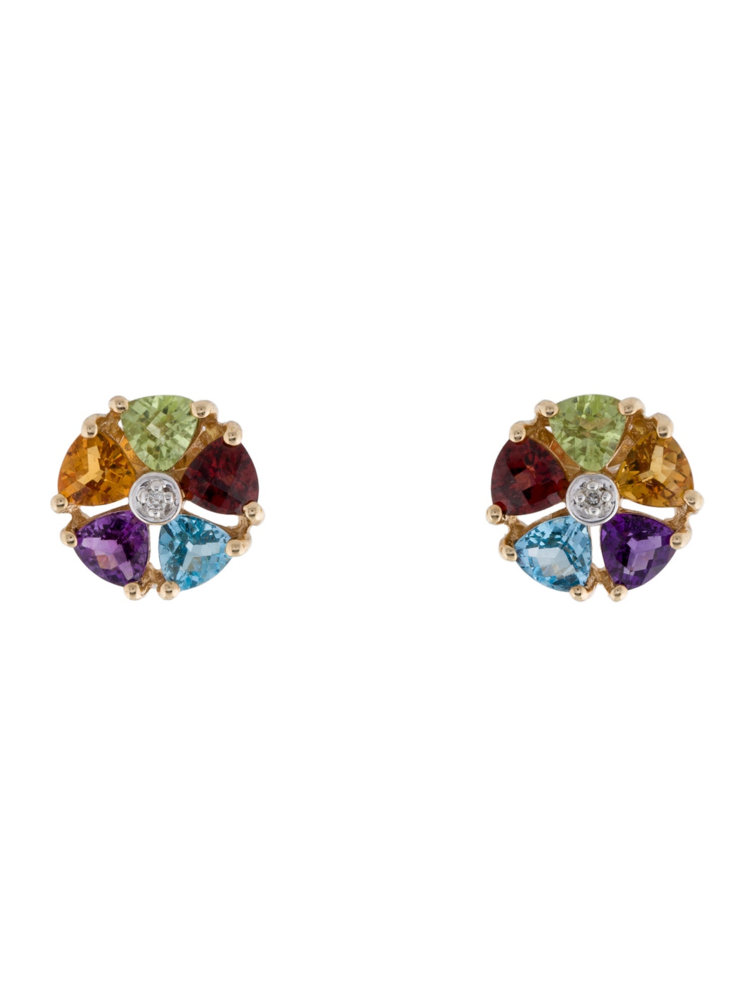 Earrings 14K Multistone & Diamond Floral Stud
