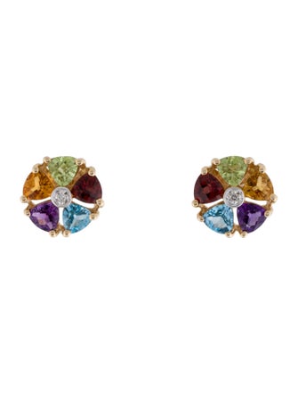 Earrings 14K Multistone & Diamond Floral Stud Earrings