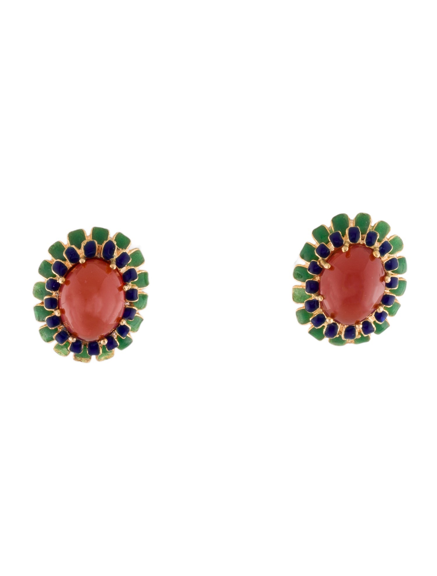 Earrings 18K 6.44ctw Carnelian & Enamel Earclip Stud