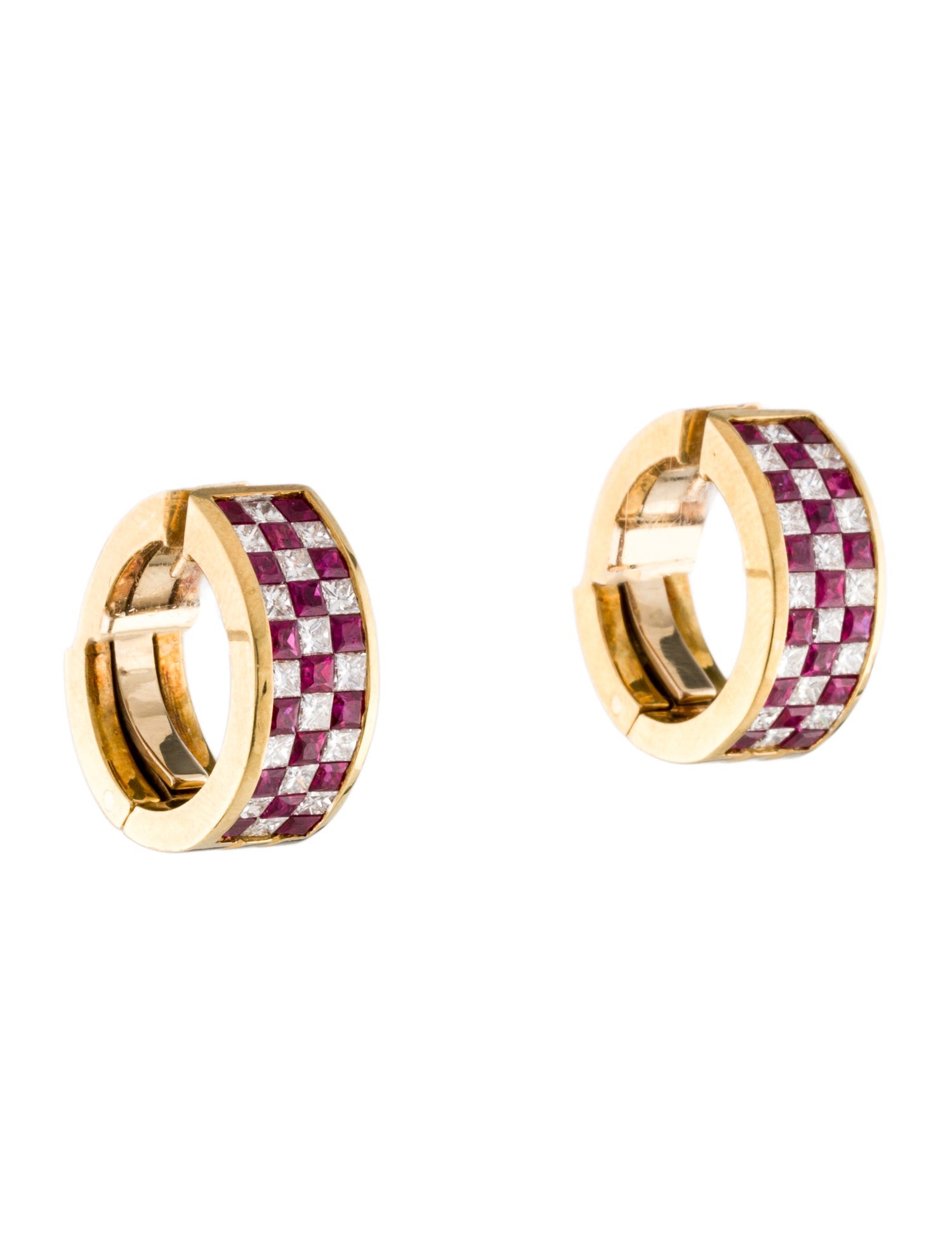 Earrings 18K 1.51ctw Ruby & Diamond Checkerboard Hoop
