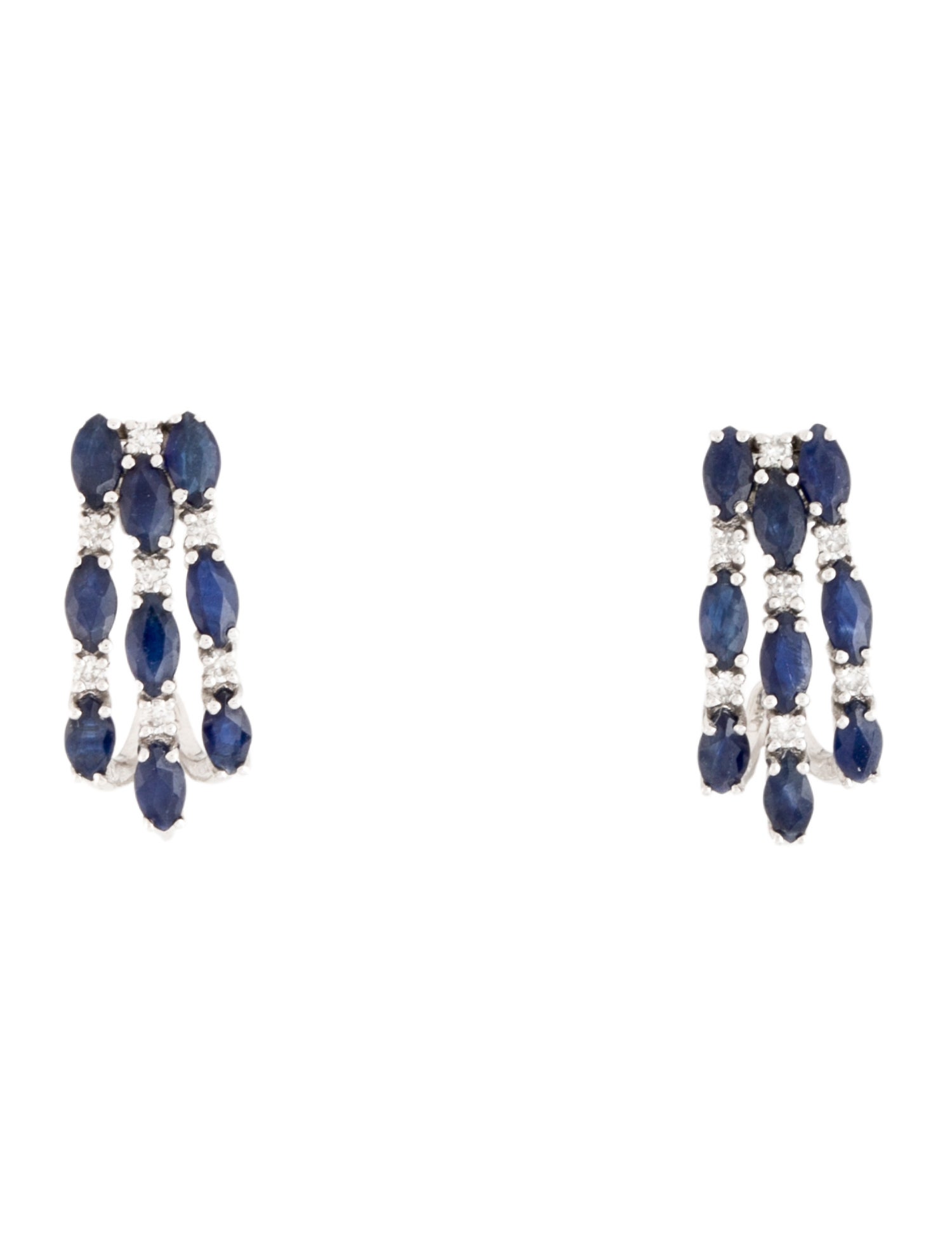 Earrings 14K Sapphire & Diamond Three Row Curved Drop