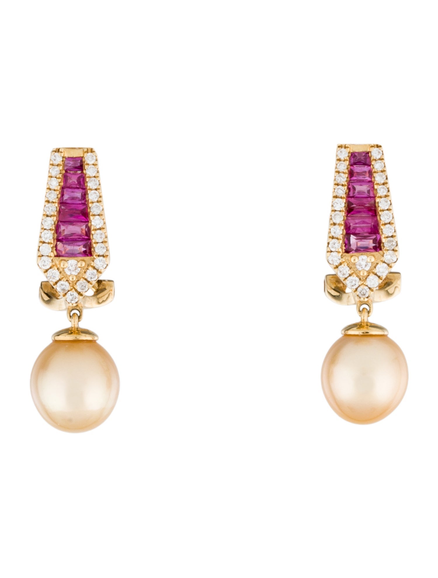 Earrings 18K Pearl, Ruby & Diamond Drop Earclips