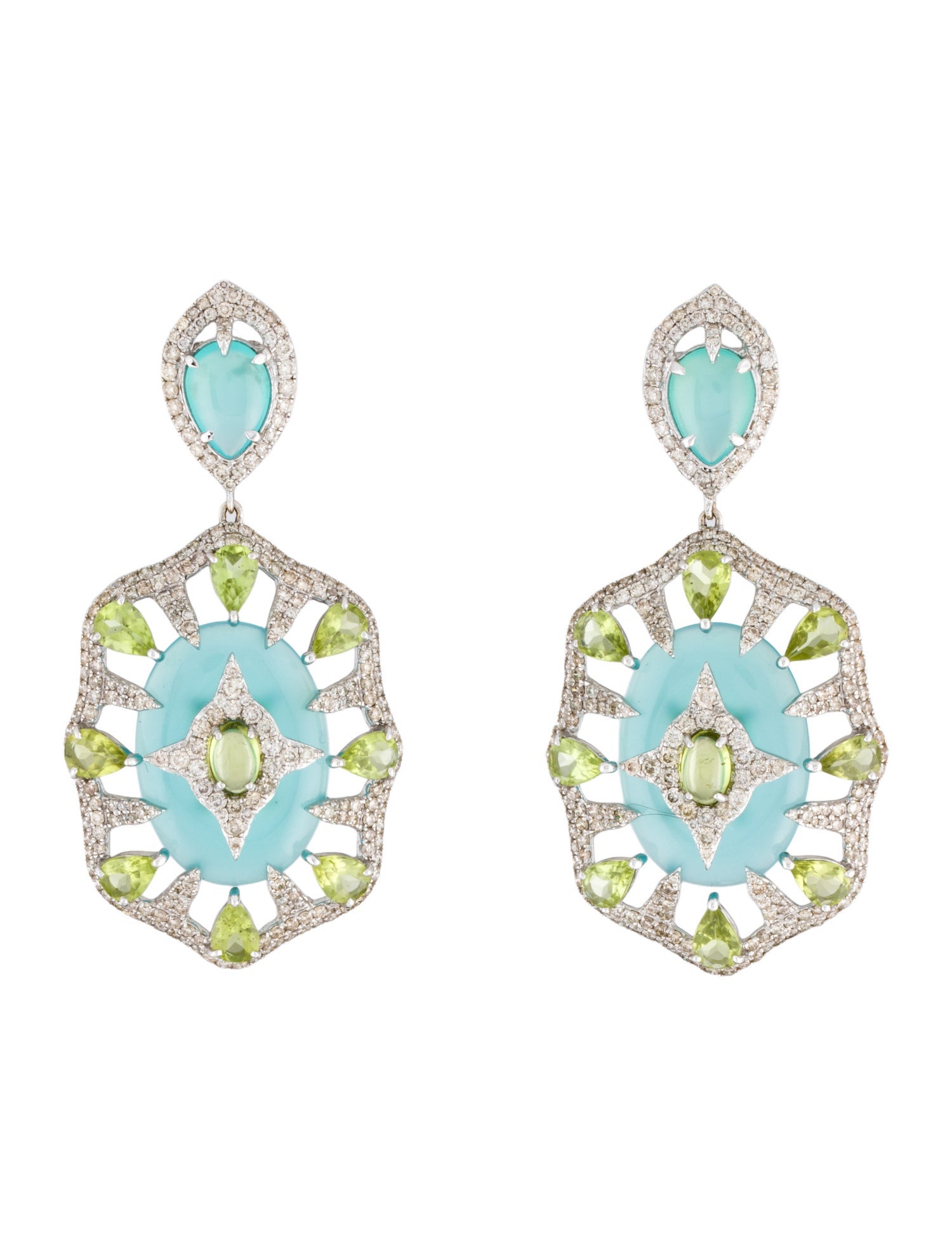 Earrings 18K Diamond, Peridot, & Dyed Chalcedony Drop