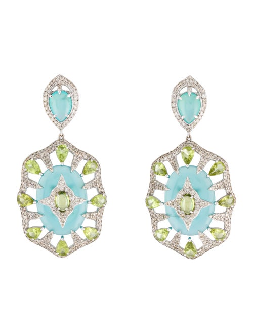 Earrings 18K Diamond, Peridot, & Dyed Chalcedony Drop Earrings
