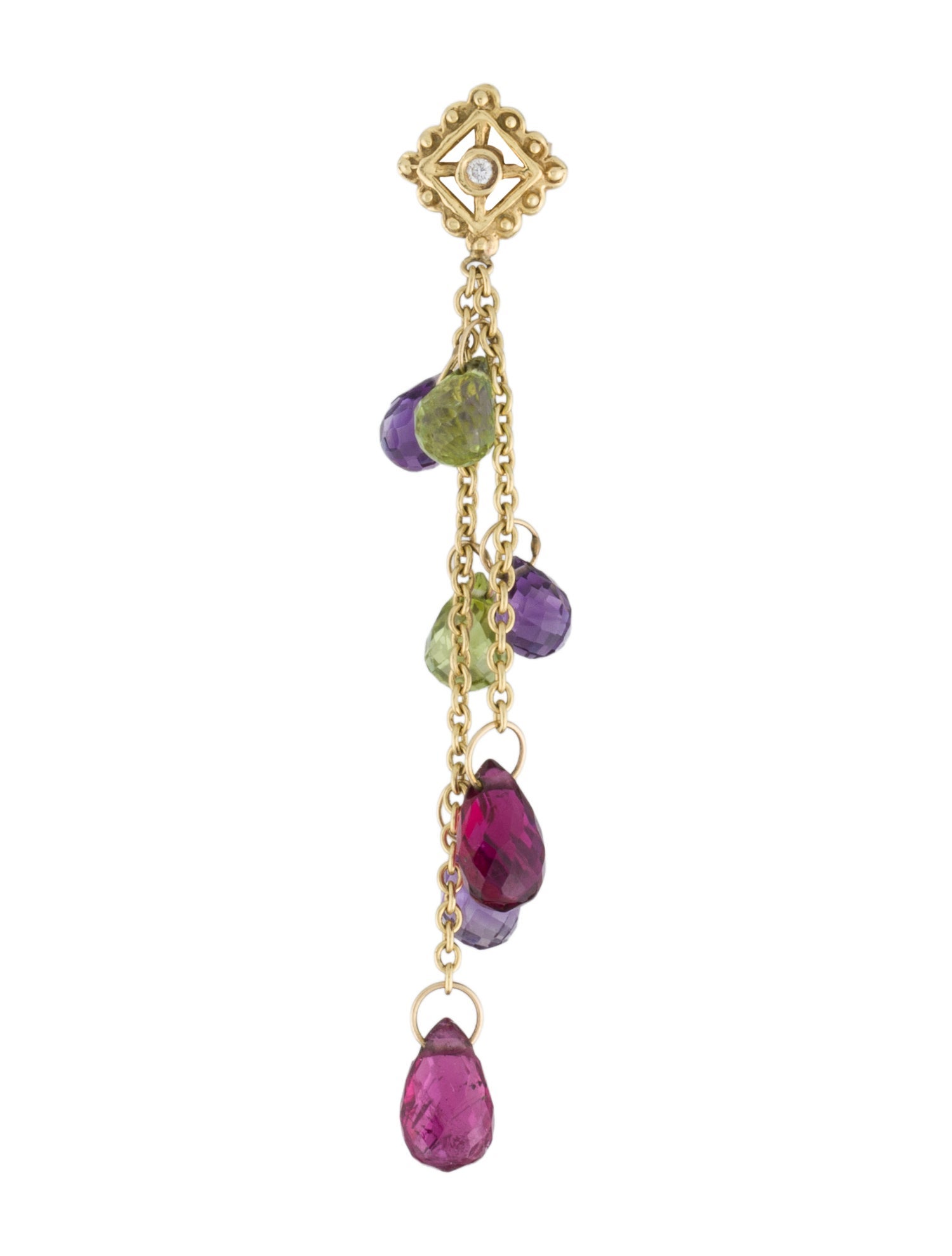 Earrings 18K Diamond, Peridot, Tourmaline, & Amethyst Single Drop Earring