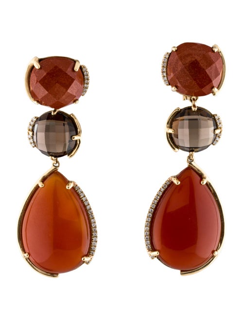 Earrings 14K Carnelian, Jasper, Smoky Quartz & Diamond Drop Earrings