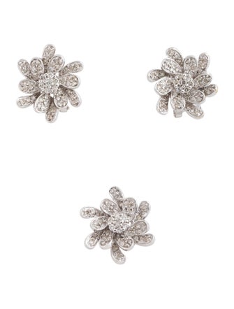 Earrings 18K Diamond Flower Ear Clip Earrings w/ matching Pendant
