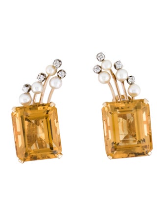 Earrings 14K Pearl, Citrine & Diamond Clip-On Earrings