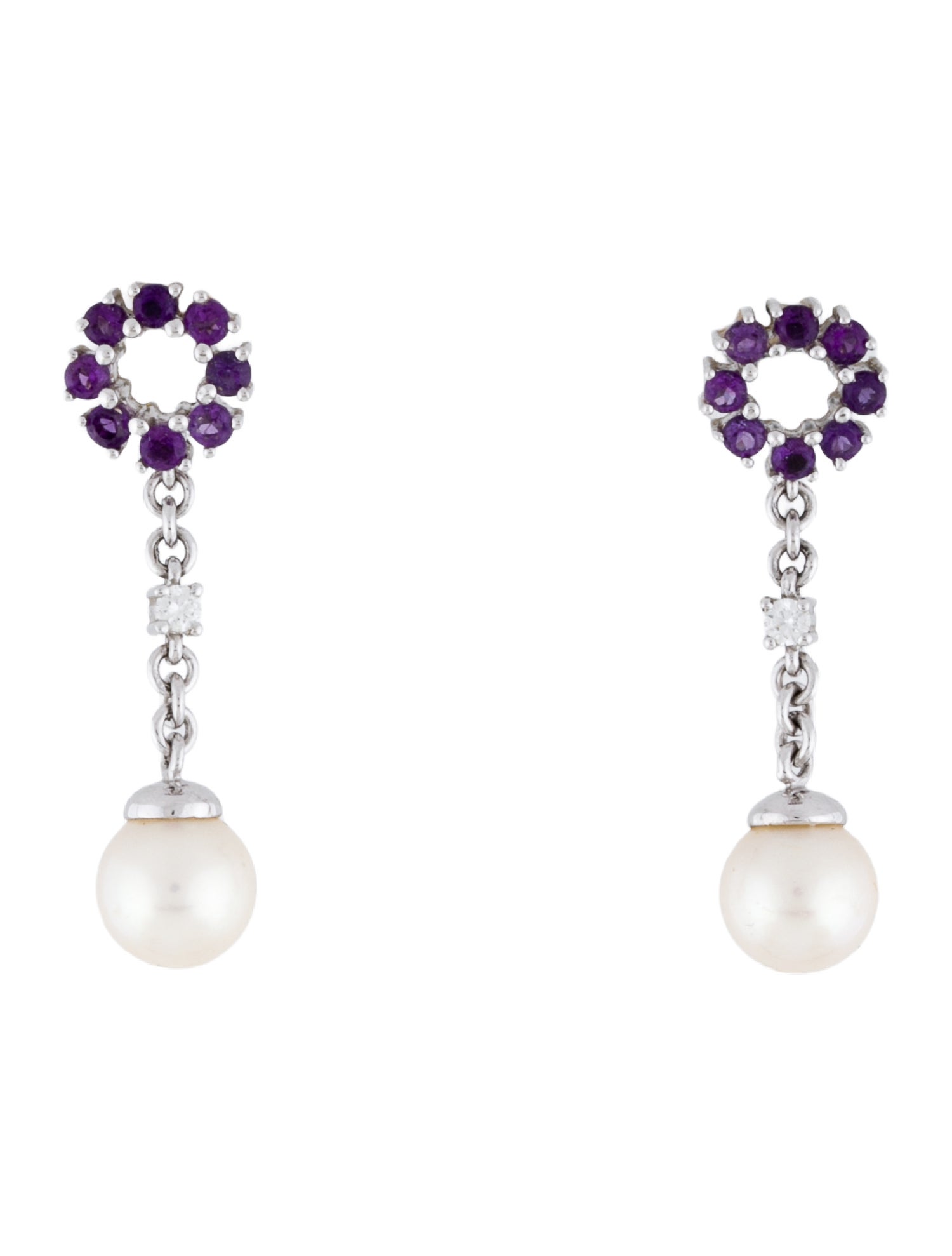 Earrings 14K Pearl, Amethyst & Diamond Drop