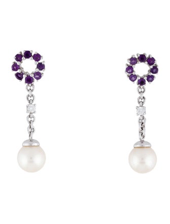 Earrings 14K Pearl, Amethyst & Diamond Drop Earrings