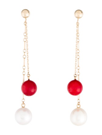 Earrings  14K Pearl & Coral Dangle Drop Earrings