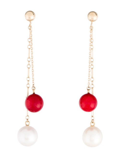 Earrings 14K Pearl & Coral Dangle Drop Earrings