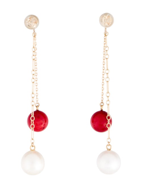 Earrings 14K Pearl & Coral Dangle Drop Earrings