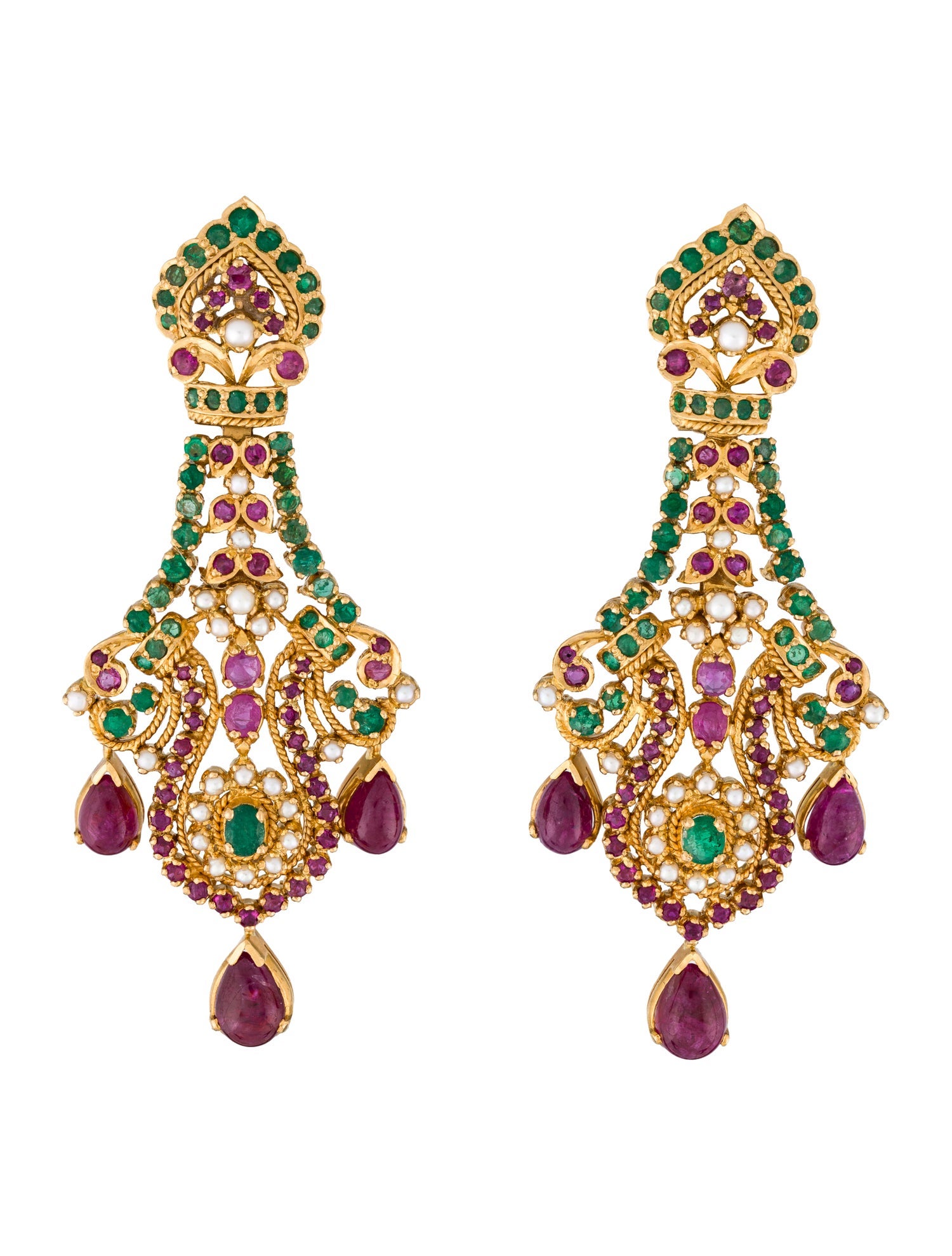 Earrings 22K Pearl, Ruby & Emerald Drop