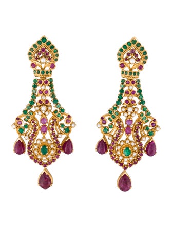Earrings 22K Pearl, Ruby & Emerald Drop Earrings