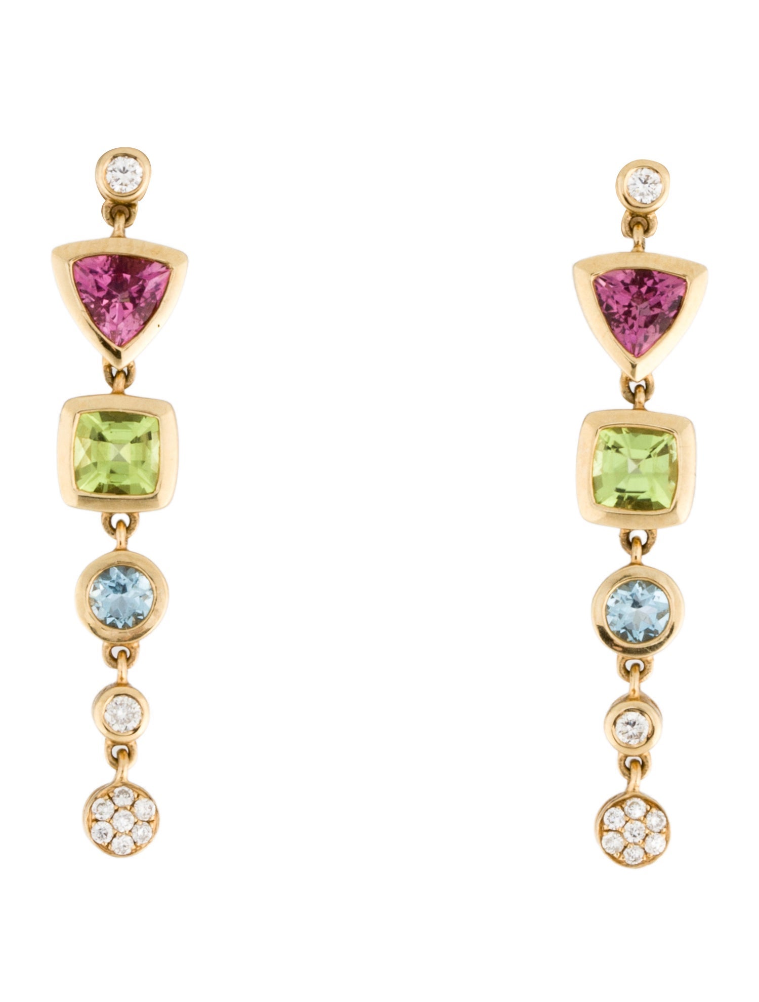 Earrings 14K Aquamarine, Peridot, Tourmaline & Diamond Drop
