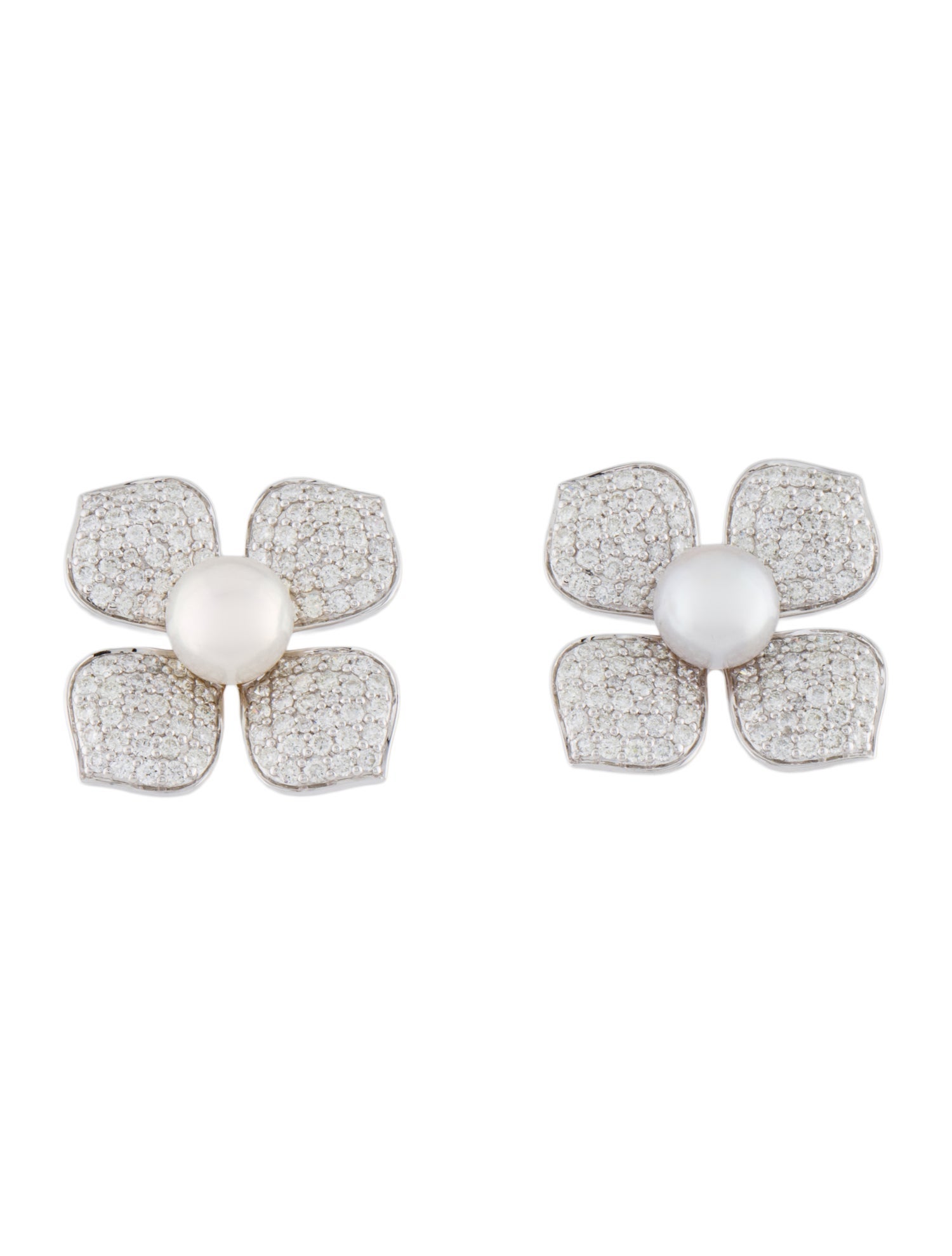 Earrings 14K Pearl & Diamond Flower Stud w/ Tags