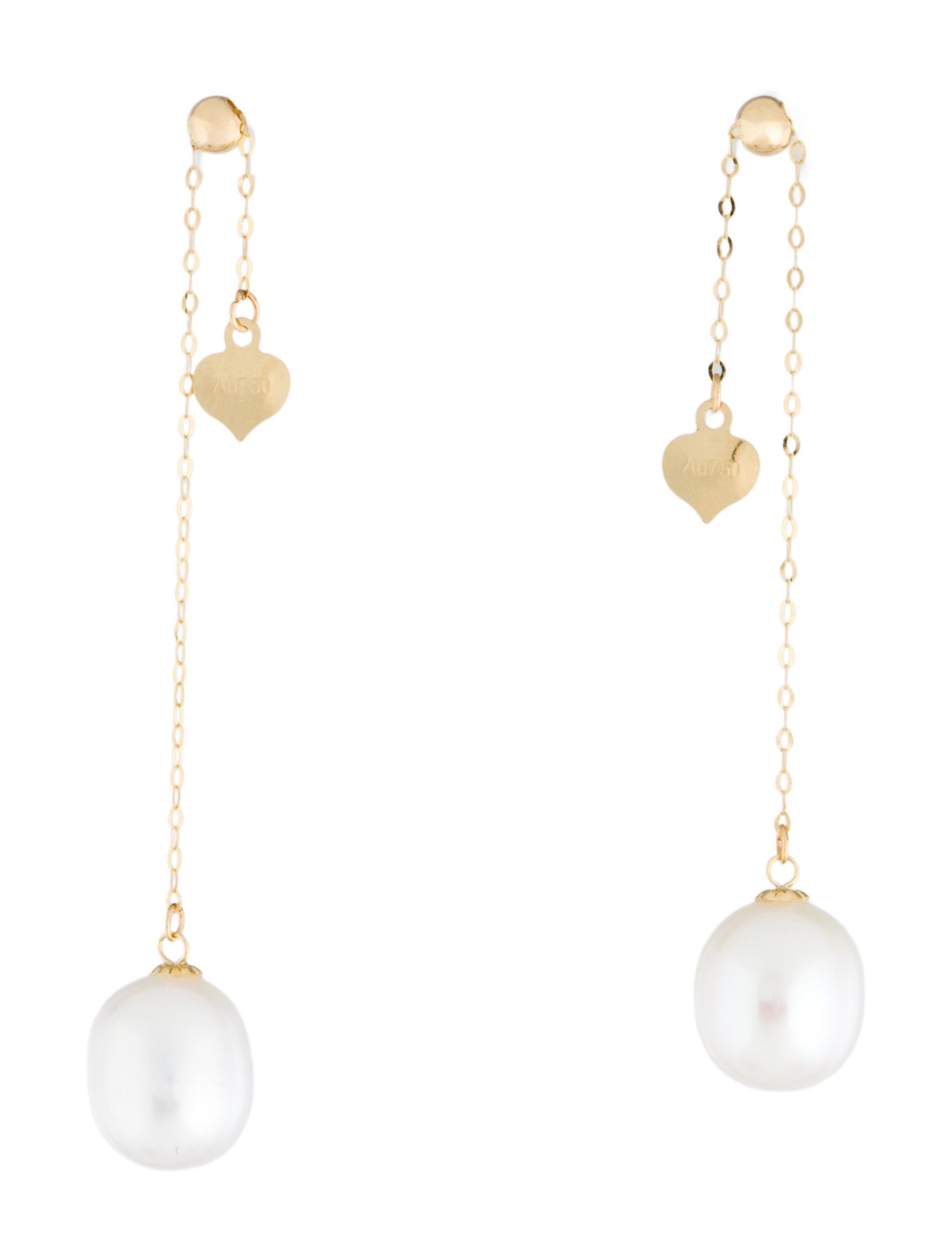 Earrings 18K Pearl & Heart Chain Drop
