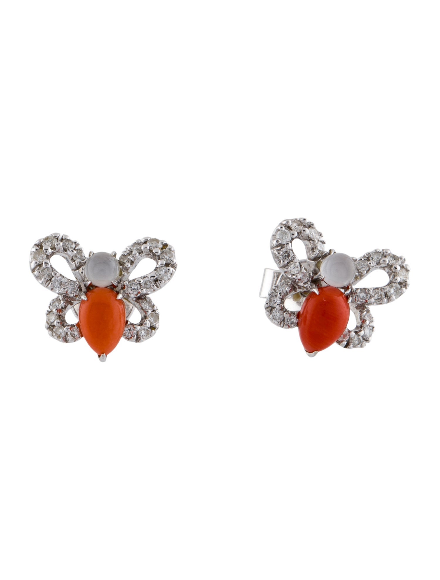 Earrings 18K Coral, Chalcedony & Diamond Butterfly Stud