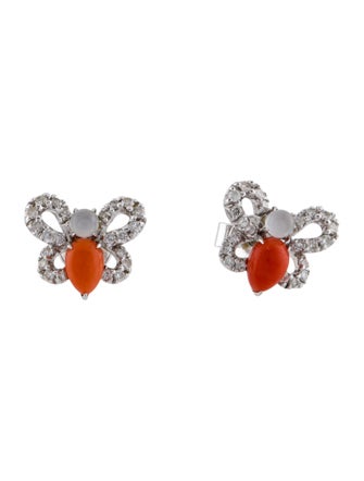 Earrings 18K Coral, Chalcedony & Diamond Butterfly Stud Earrings