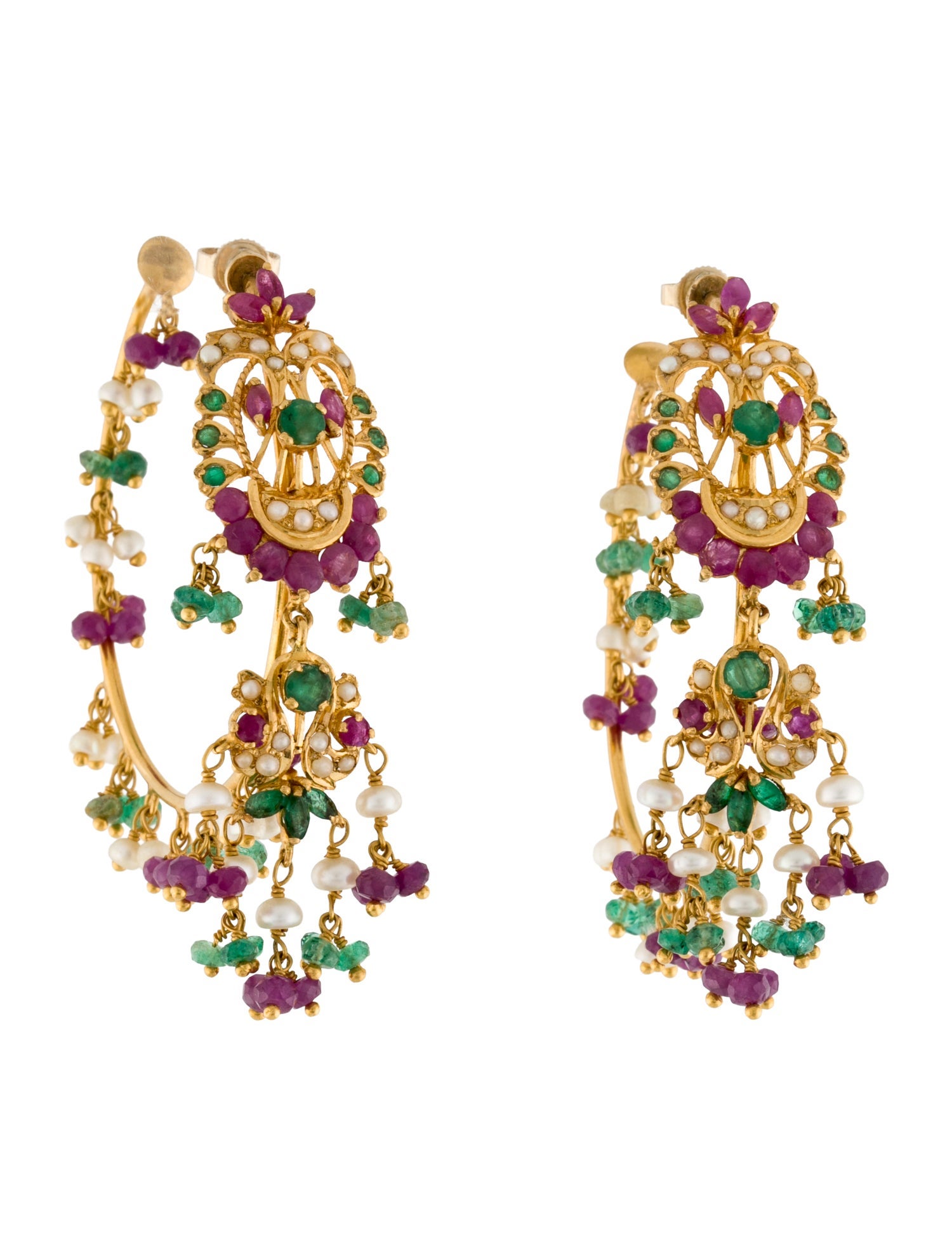 Earrings 24K Ruby, Emerald & Pearl Decorative Hoop