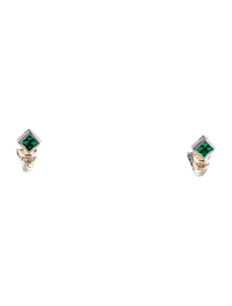 Earrings 14K Emerald & Diamond Two-Tone Earclips