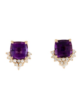 Earrings 14K Amethyst & Diamond Clip On Stud Earrings