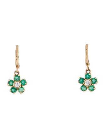 Earrings 14K Emerald & Diamond Flower Drop Earrings