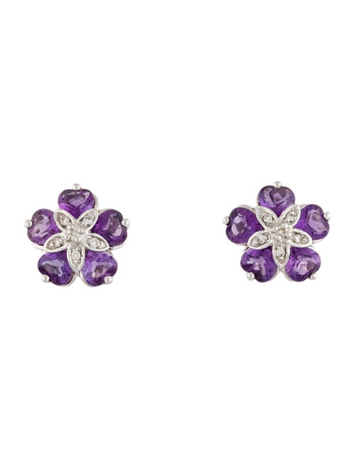 Earrings 14K Amethyst & Diamond Flower Stud Earrings