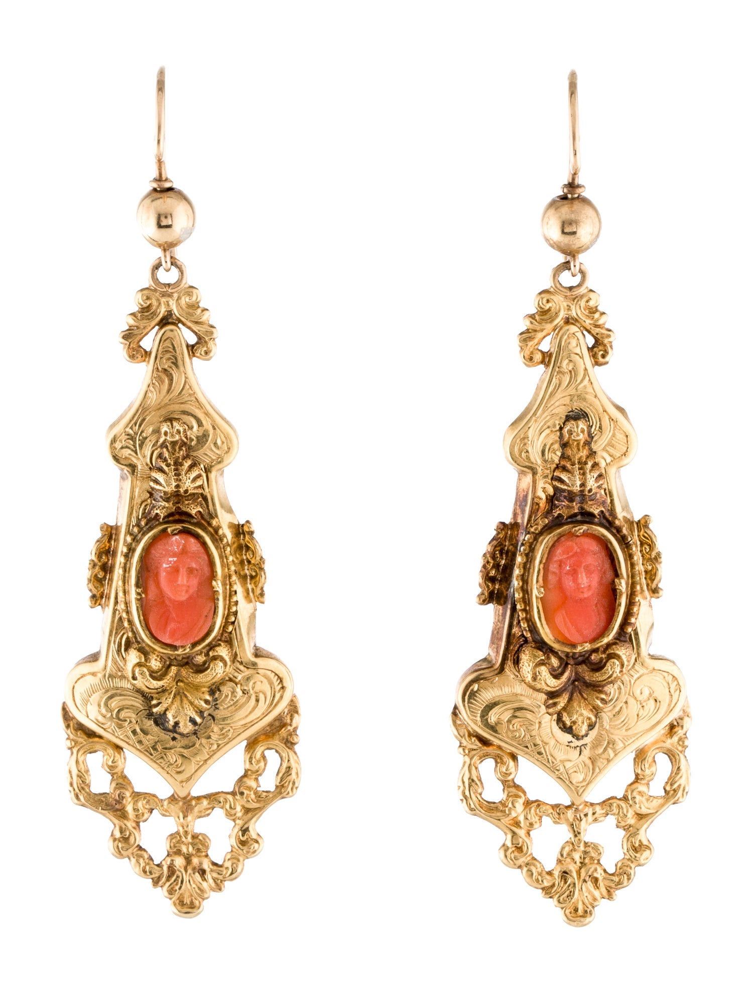 Earrings Antique 18K Coral Cameo Drop