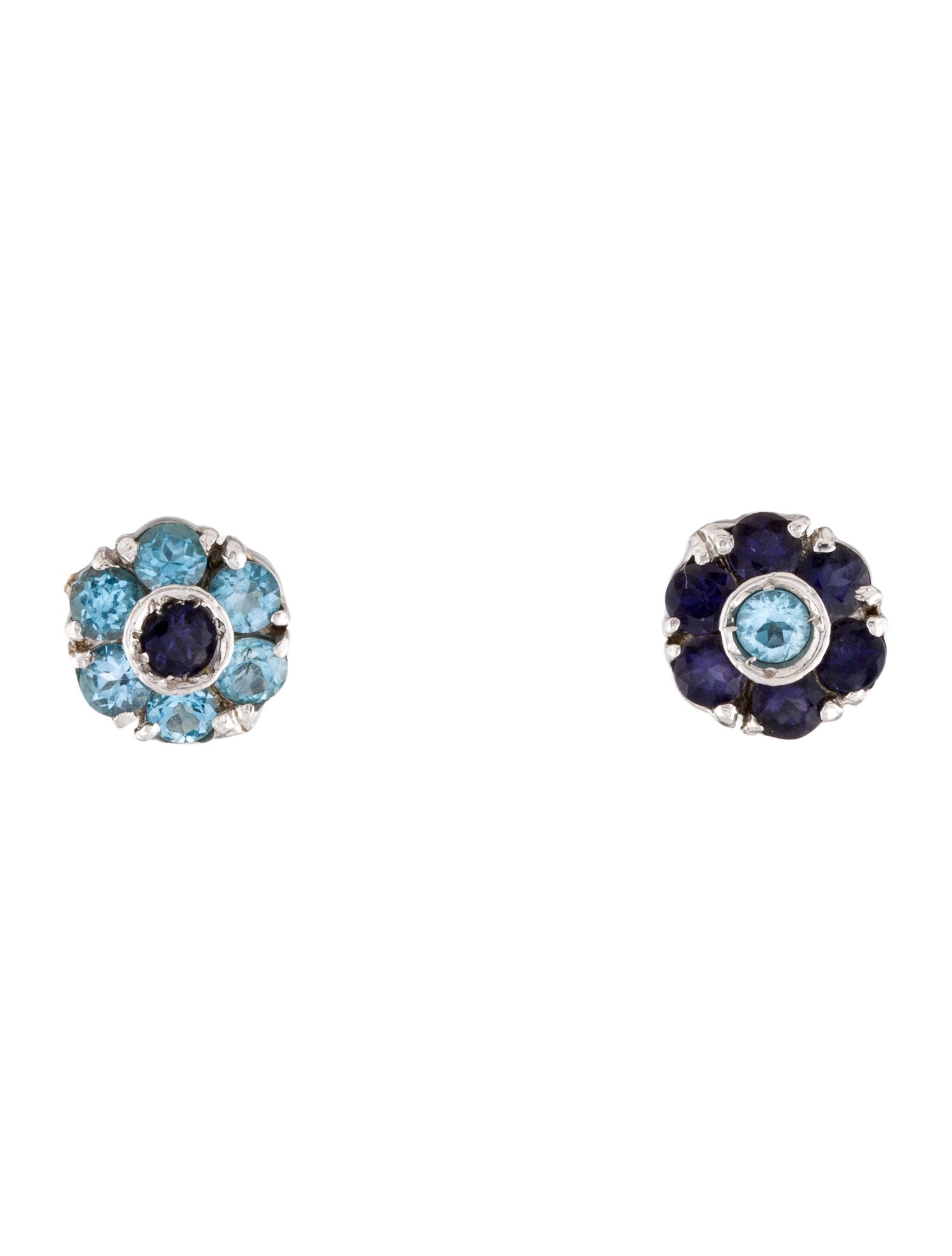 Earrings 18K 1.25ctw Topaz & Iolite Mismatched Flower Stud