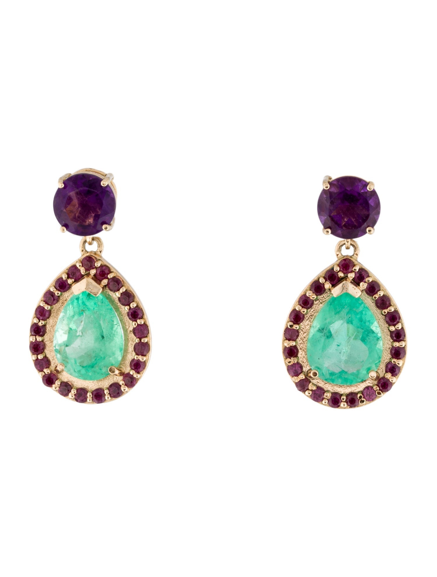 Earrings 14K 4.91ctw Emerald, Ruby & Amethyst Drop Earrings