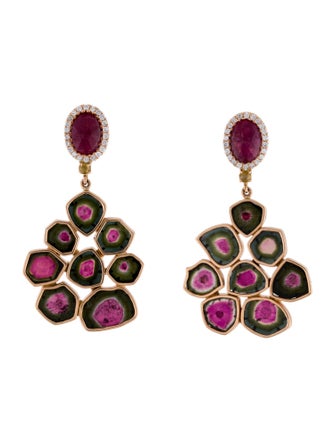 Earrings 18K Ruby, Parti-Colored Tourmaline & Diamond Halo Chandelier Drop Earrings