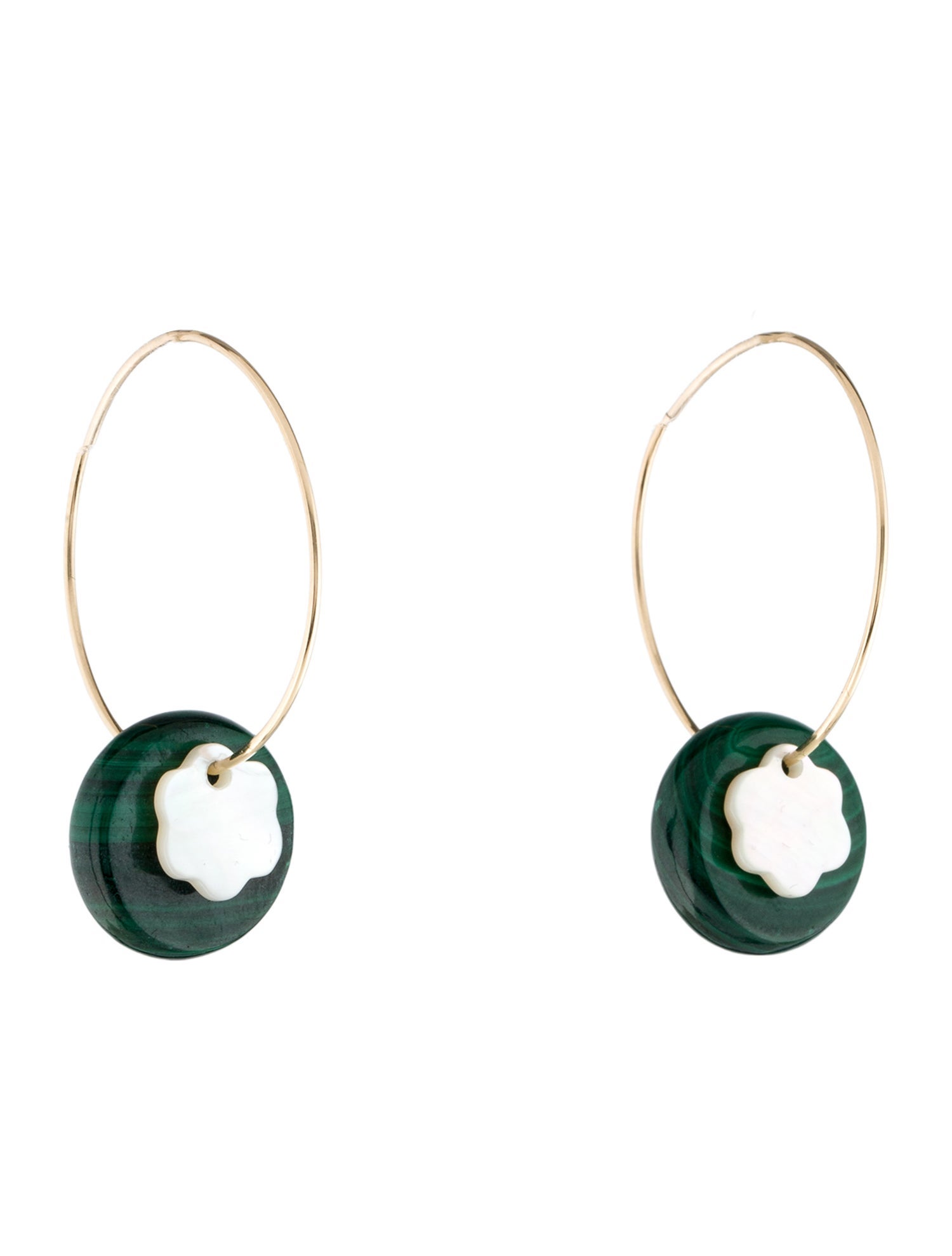 Earrings 14K Mother of Pearl & Malachite Drop Hoop