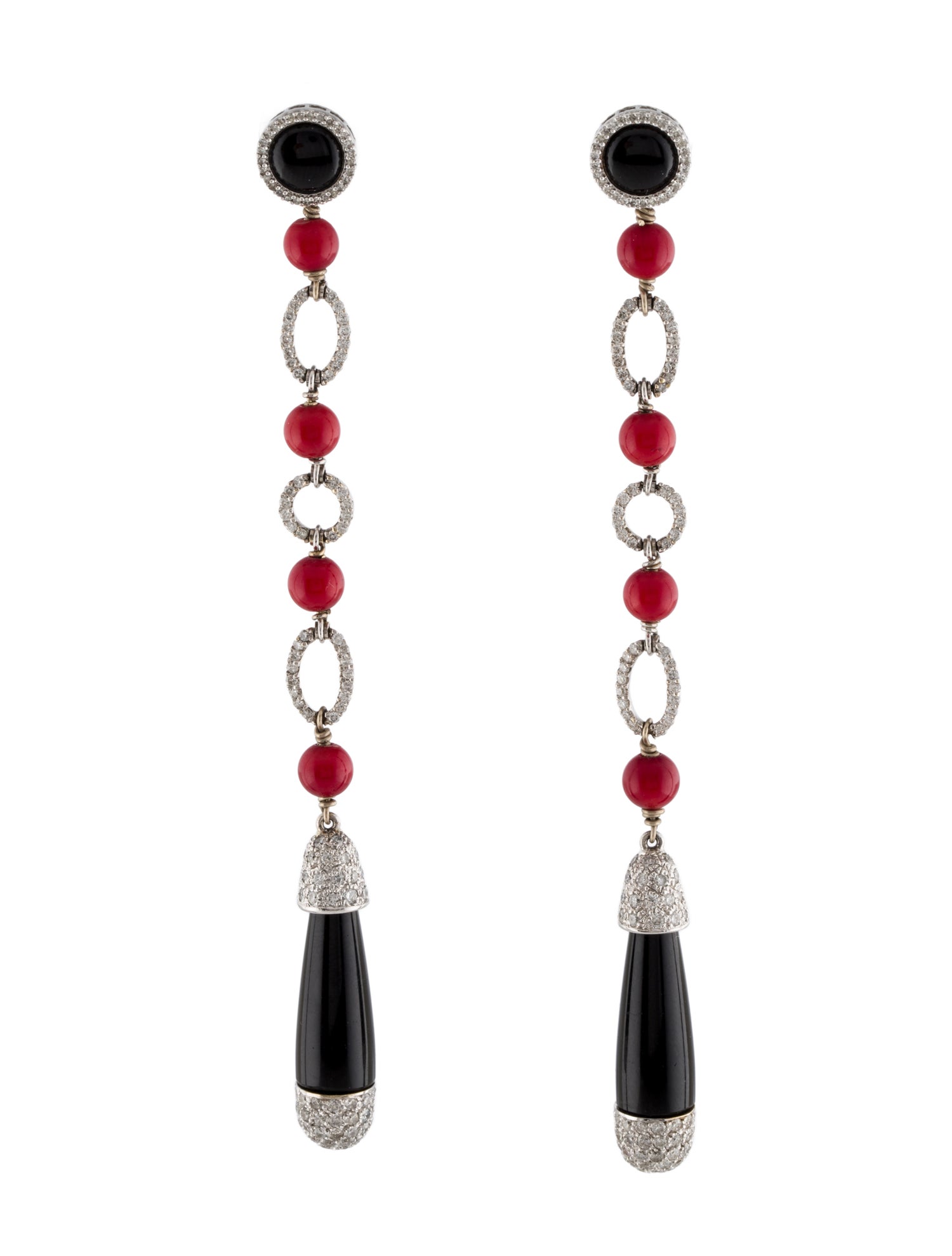 Earrings 14K Dyed Coral ,Onyx & Diamond Drop Earrings