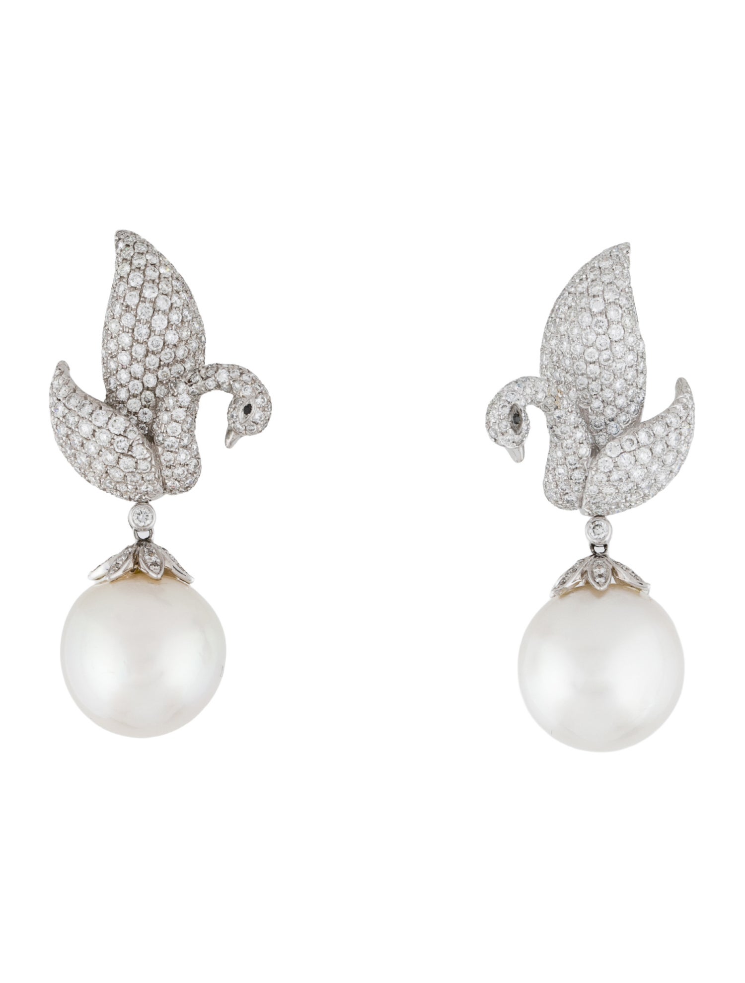 Earrings 18K Pearl & Diamond Swan Clip-On