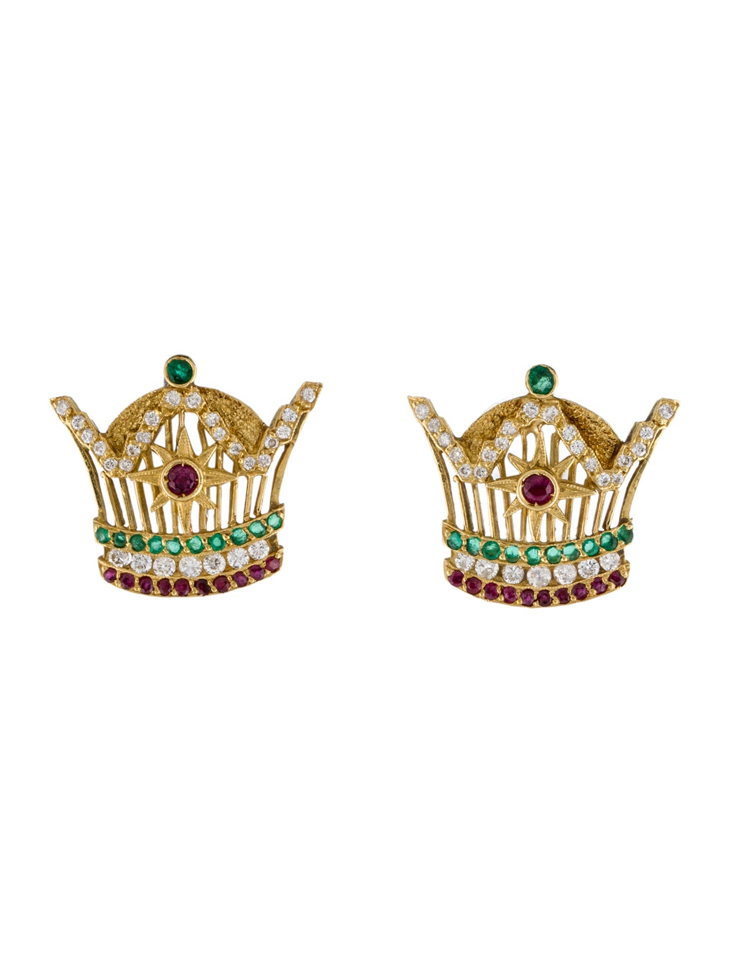 Earrings 18K Ruby, Emerald & Diamond Crown Stud Earrings