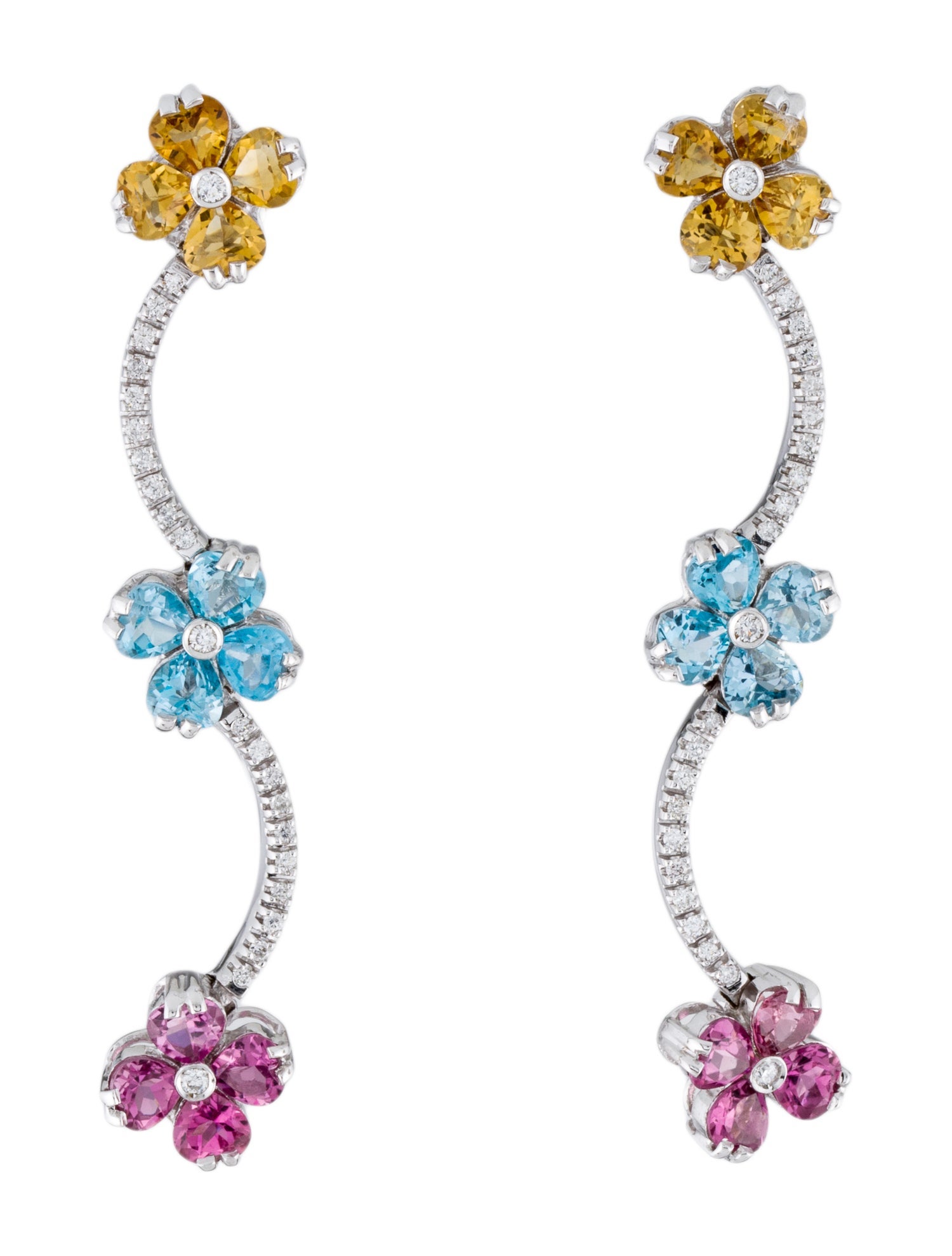 Earrings 18K Multistone & Diamond Flower Drop