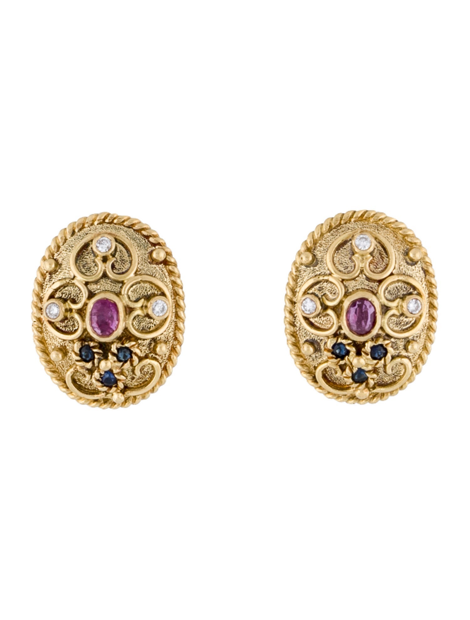 Earrings 18K Ruby, Sapphire & Diamond Oval Domed Earclips