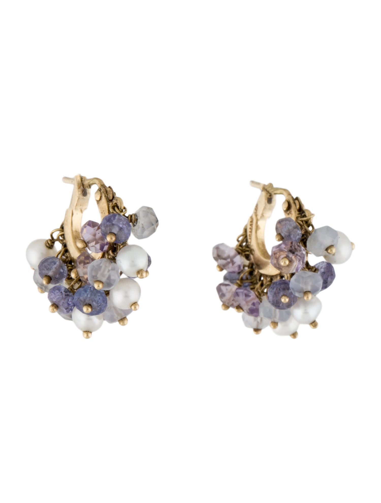 Earrings 14K Pearl, Chalcedony, Amethyst & Tanzanite Dangle Huggie Earrings