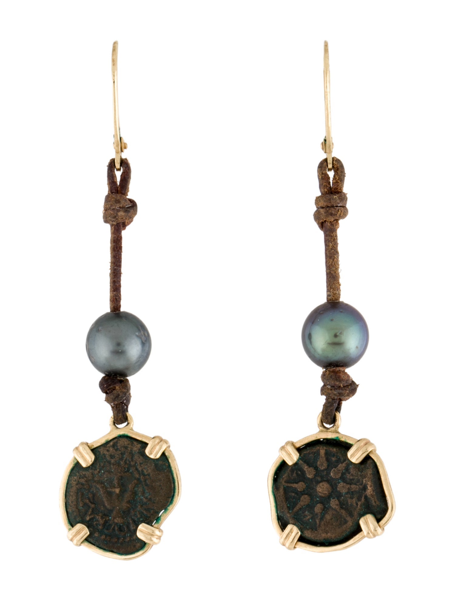 Earrings 14K Pearl & Leather Coin Drop