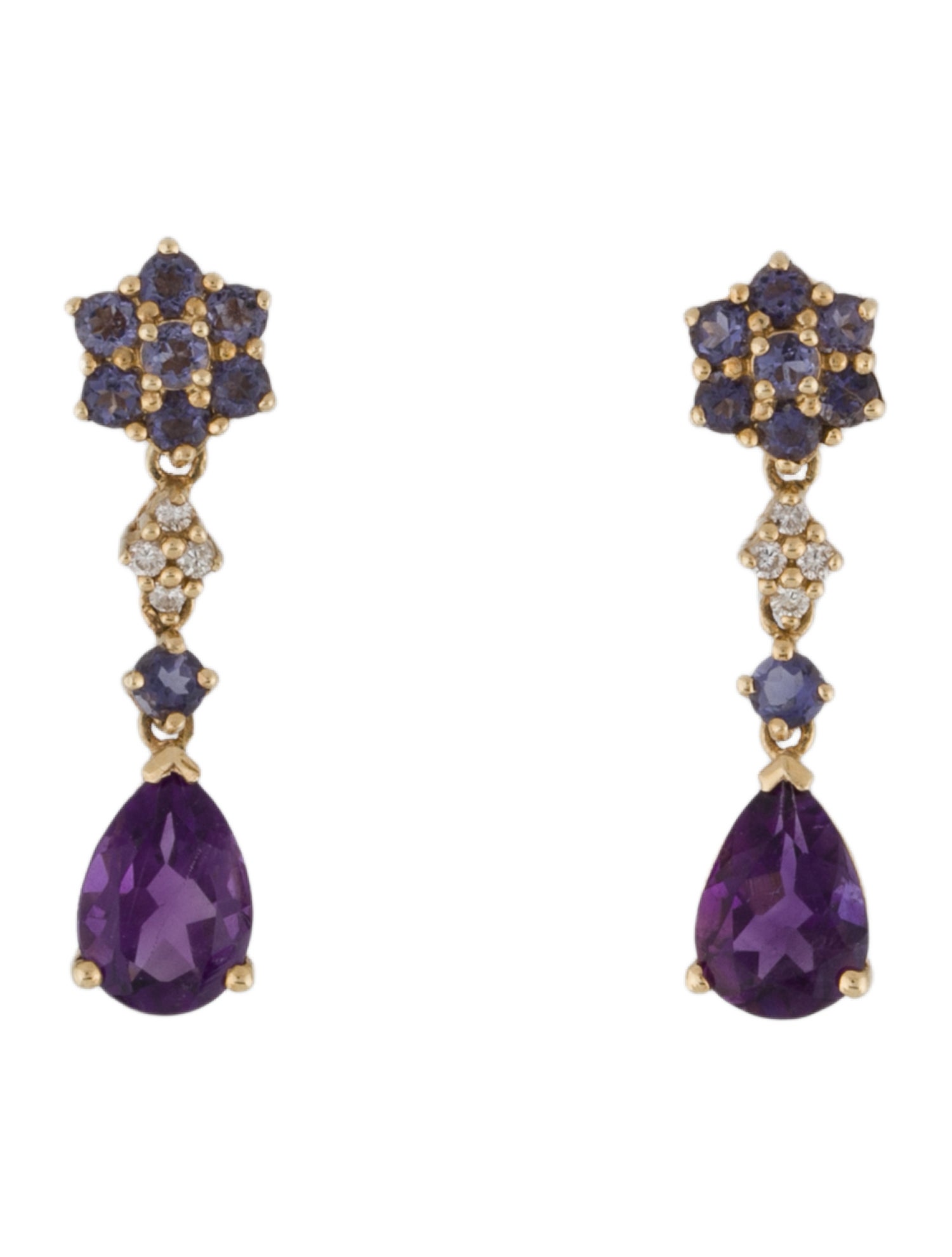 Earrings 14K 3.11ctw Amethyst, Iolite, & Diamond Drop
