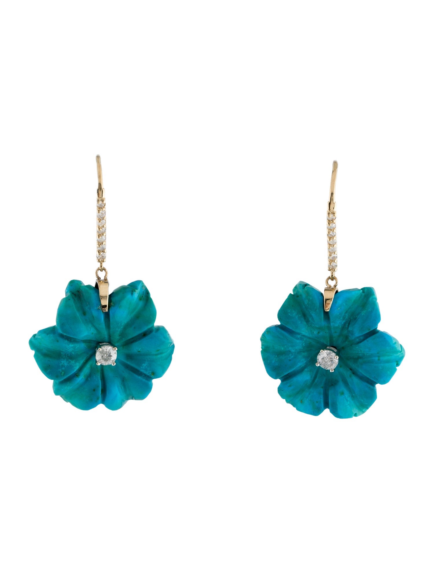 Earrings 14K Turquoise & Diamond Flower Drop Earrings