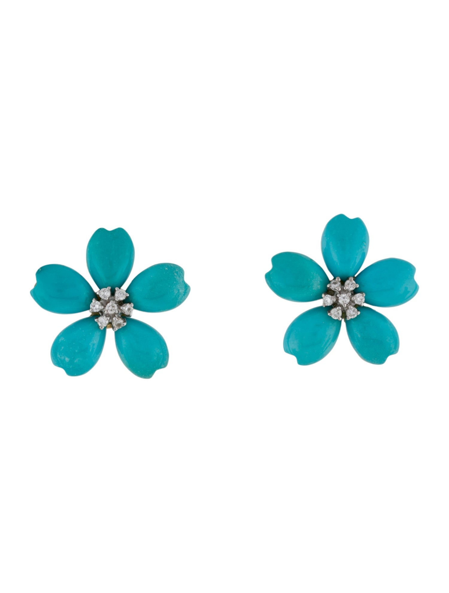 Earrings 18K Turquoise & Diamond Flower Clip-On