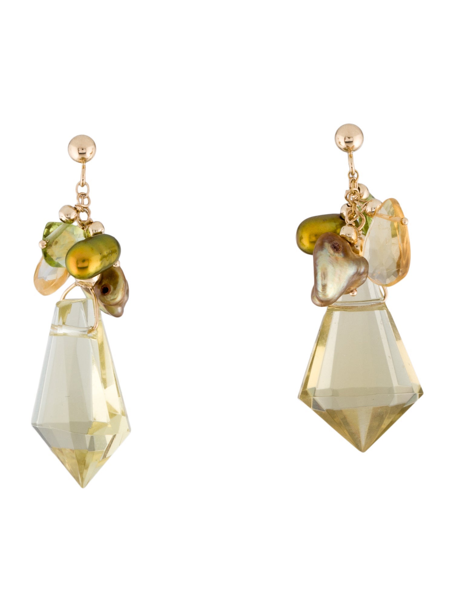 Earrings 14K Pearl, Citrine, Peridot, & Quartz Drop