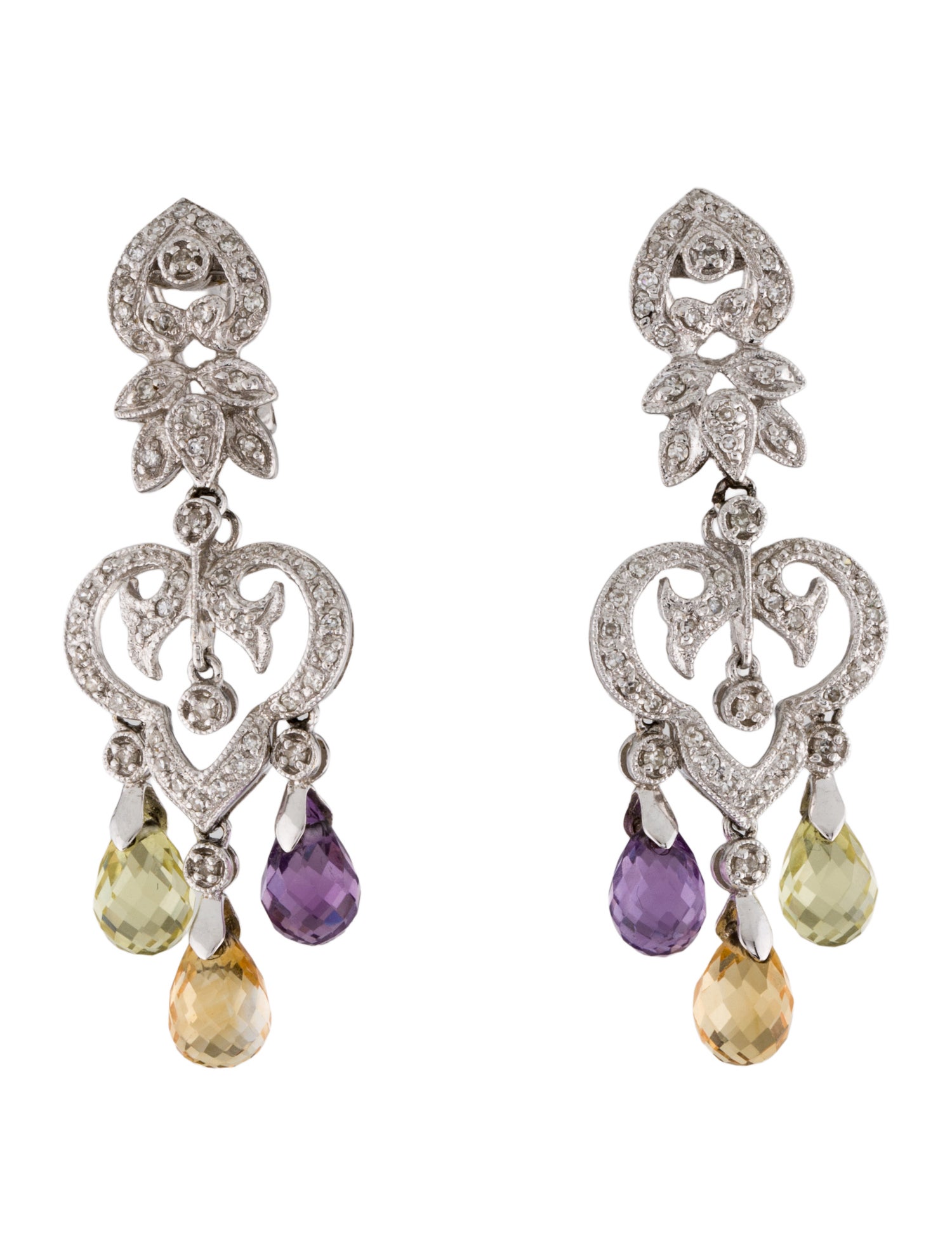 Earrings 18K Amethyst, Citrine, Quartz, & Diamond Drop