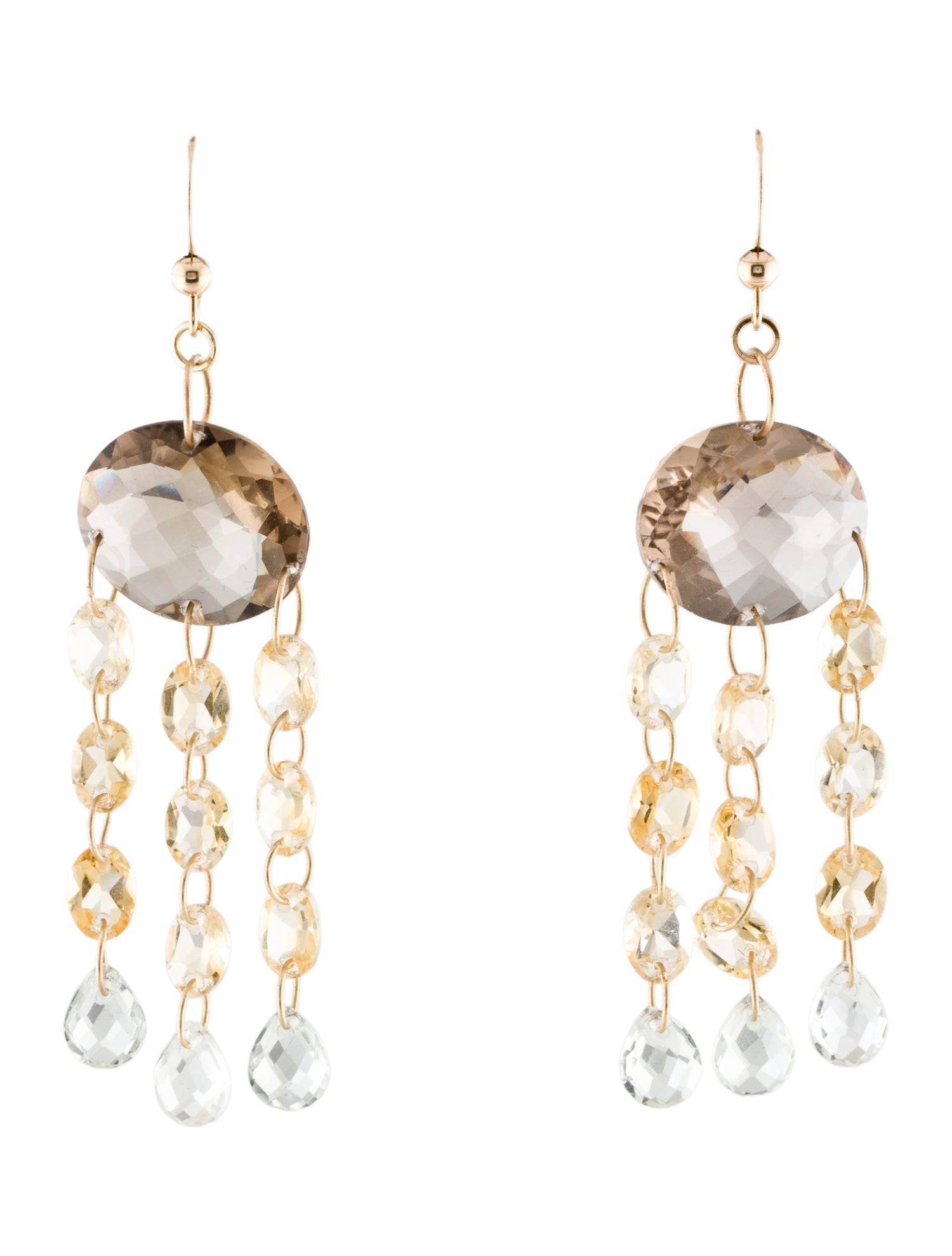 Earrings 14K Smoky Quartz , Citrine & Prasiolite Drop Earrings