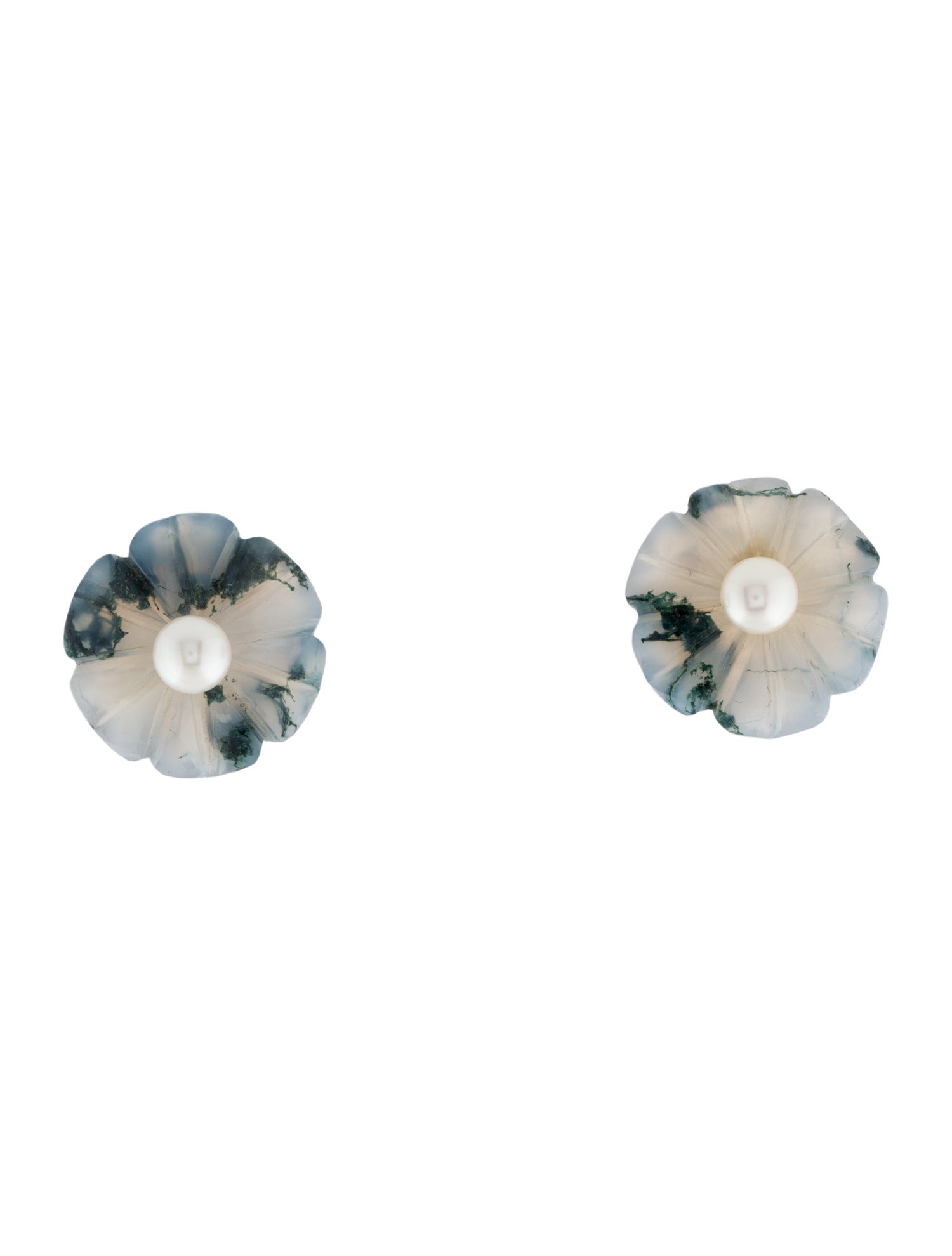 Earrings 14K Pearl & Moss Agate Flower Stud Earrings