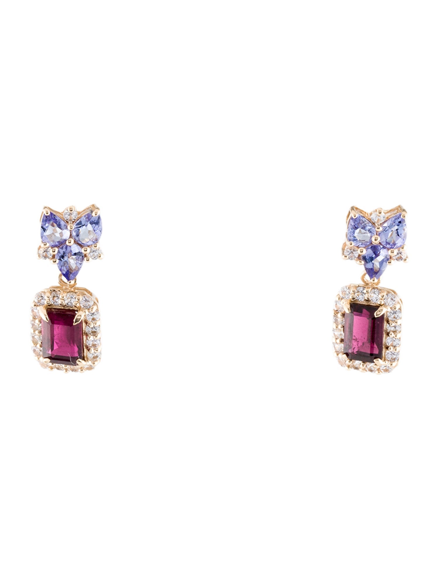 Earrings 14K 1.26ctw Rubellite, Tanzanite & Sapphire Drop Earrings